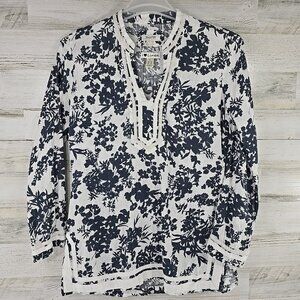 MALVIN Hamburg Linen Blouse SIZE LARGE US10 White Blue Floral V‑Neck Long Sleeve